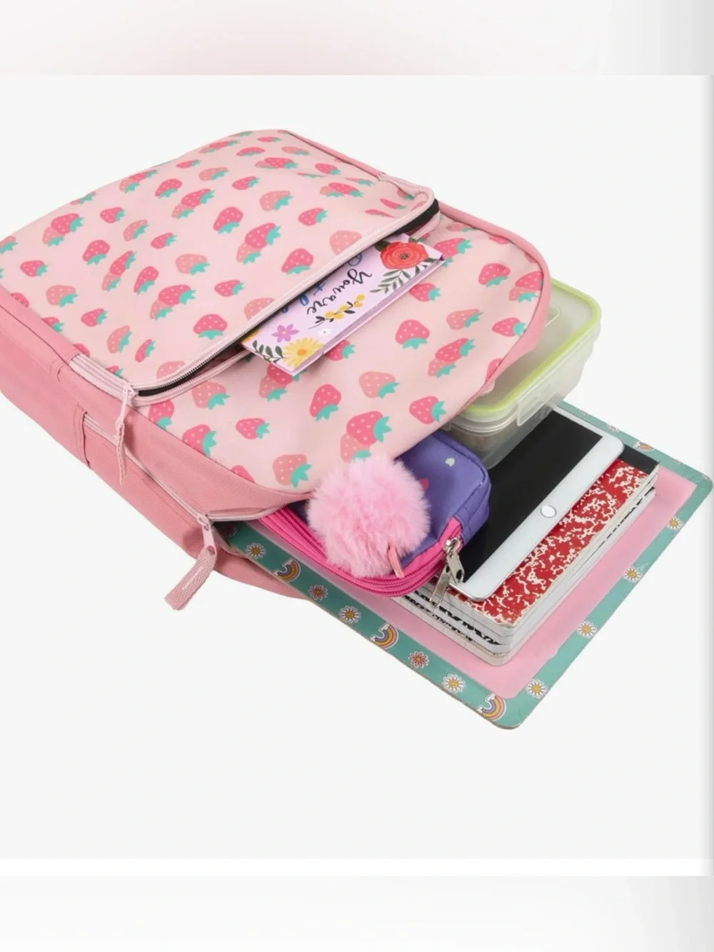 Kids Pink Strawberry Print Backpack - Cute Lightweight School Bag